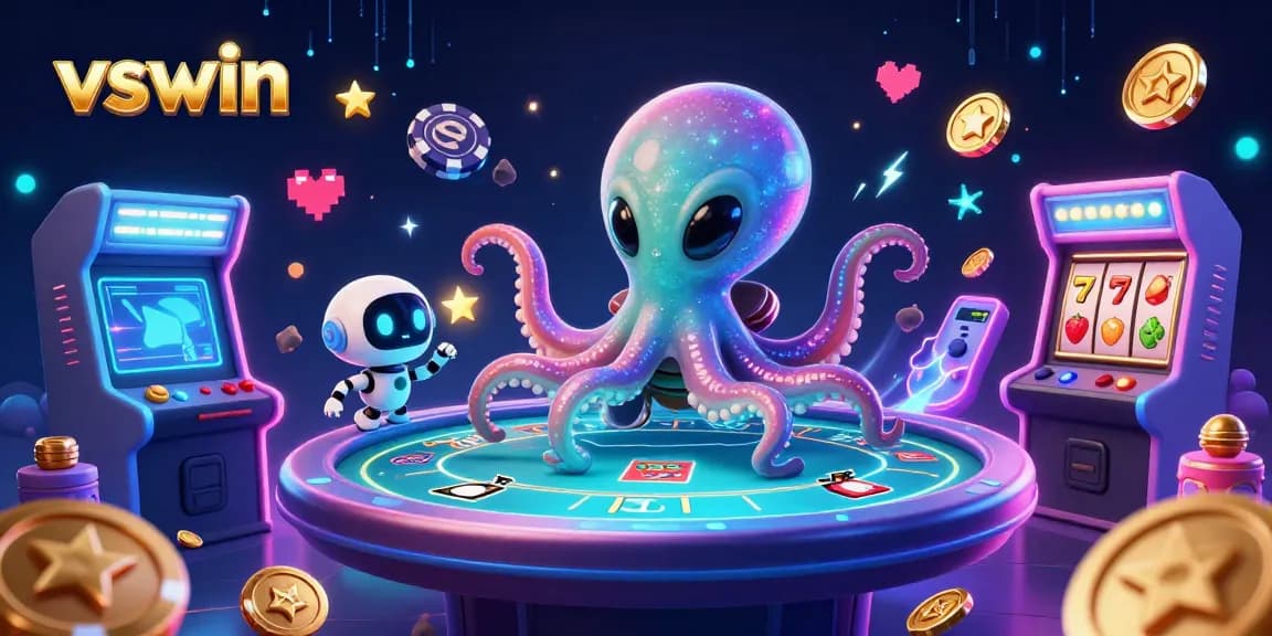 Experience exciting poker action with vswin as a colorful alien octopus navigates the cosmic casino.