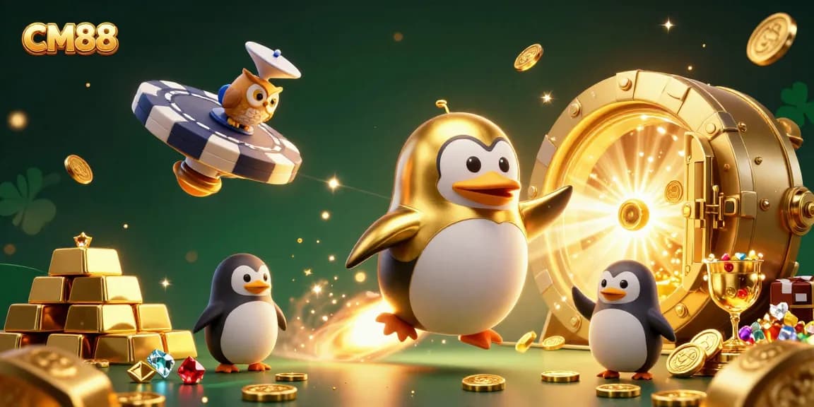 Experience the excitement of CM88 as a golden penguin navigates a vibrant casino space, trailing coins.