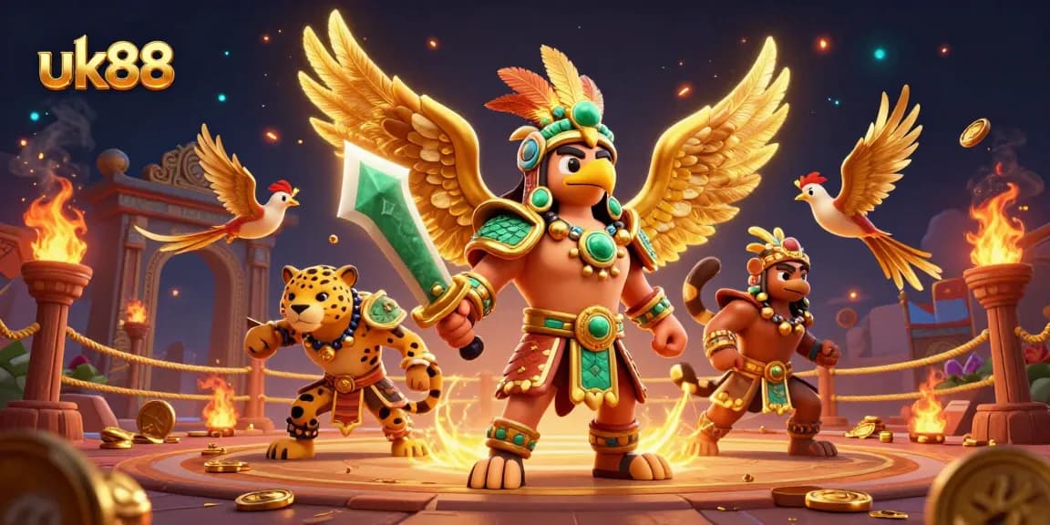 Engage in thrilling betting action with UK88's vibrant casino illustration featuring unique Aztec warriors.