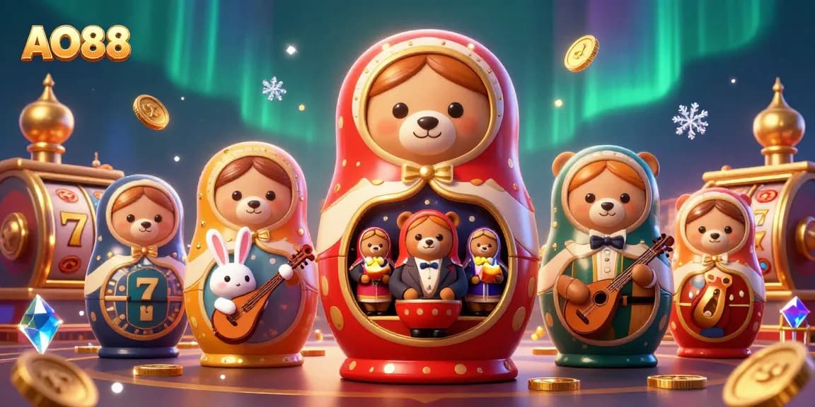 Engage with AO88's vibrant casino scene featuring playful Matryoshka bears and dynamic slot elements.