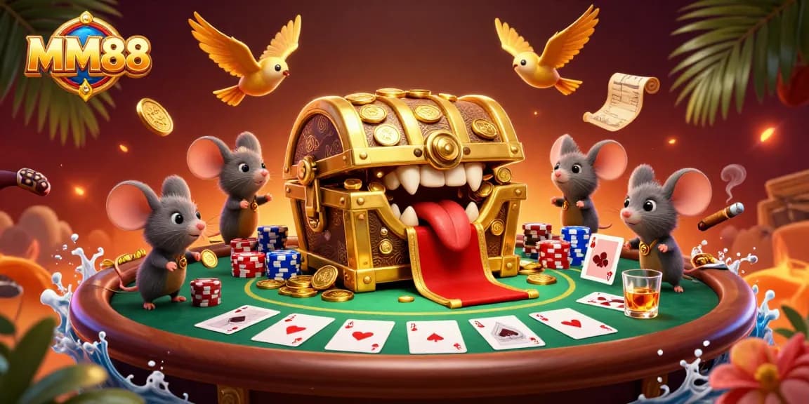 Engage with MM88 as adventurer mice are lured by a golden treasure chest in a vibrant casino scene.