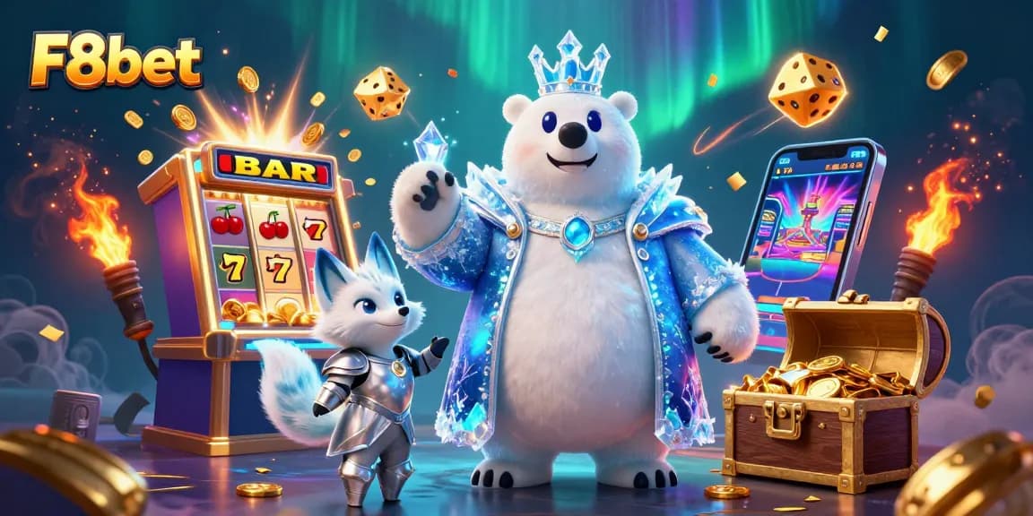 Engage with F8bet's vibrant 3D casino illustration showcasing a jackpot and casino game excitement.