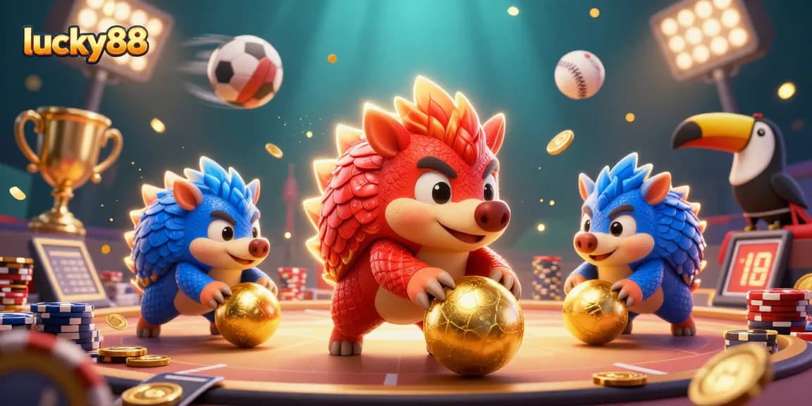 Experience the thrilling action of lucky88 as pangolins roll through poker chips and golden sports elements.