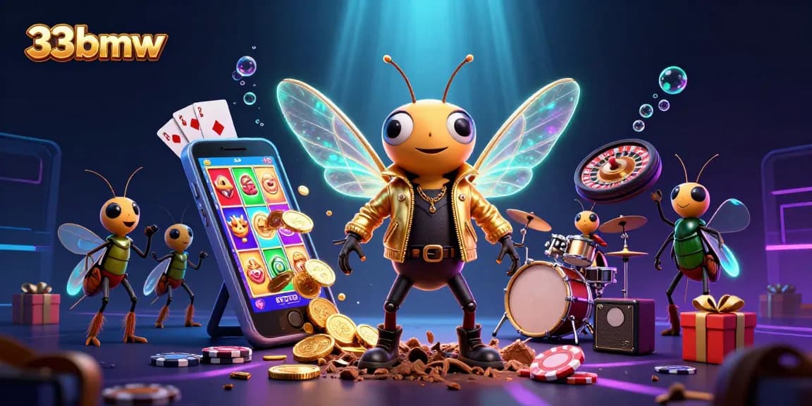 33bmw showcases an electrifying rock star cicada with casino elements like slot games and poker chips.