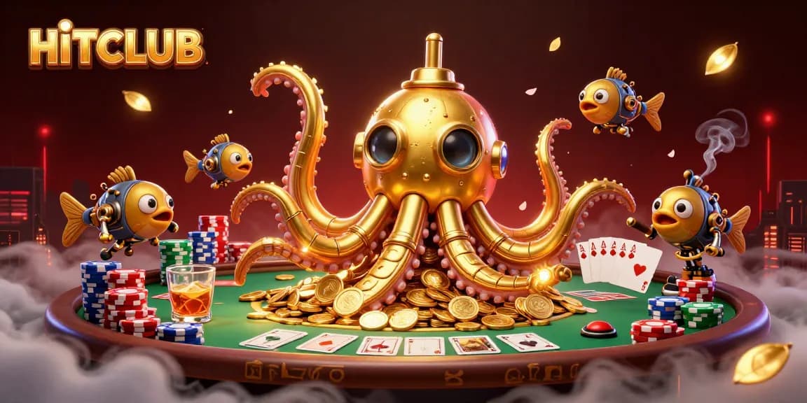 HITCLUB engages players with a vibrant 3D scene of a golden kraken amidst casino elements and poker games.