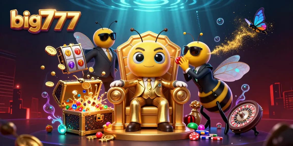 big777 slot games illustrated with a cartoon theme, featuring lively characters and casino elements