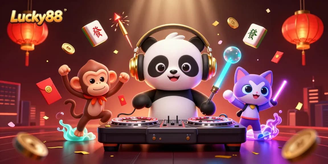 Experience the thrill of Lucky88 with a DJ panda and dancing characters in a vibrant casino scene.