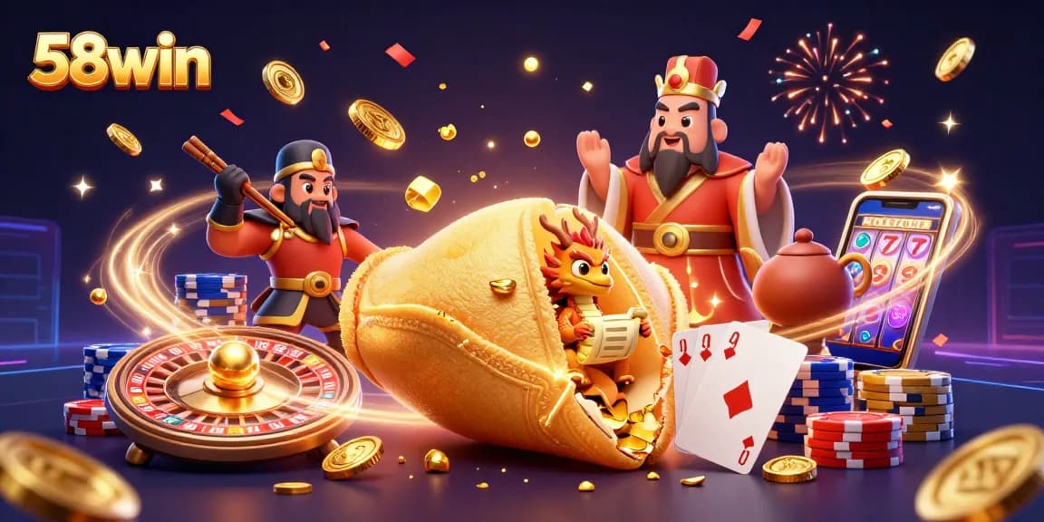 Experience the thrill of 58win with golden coins and vibrant gaming elements in this dynamic illustration.