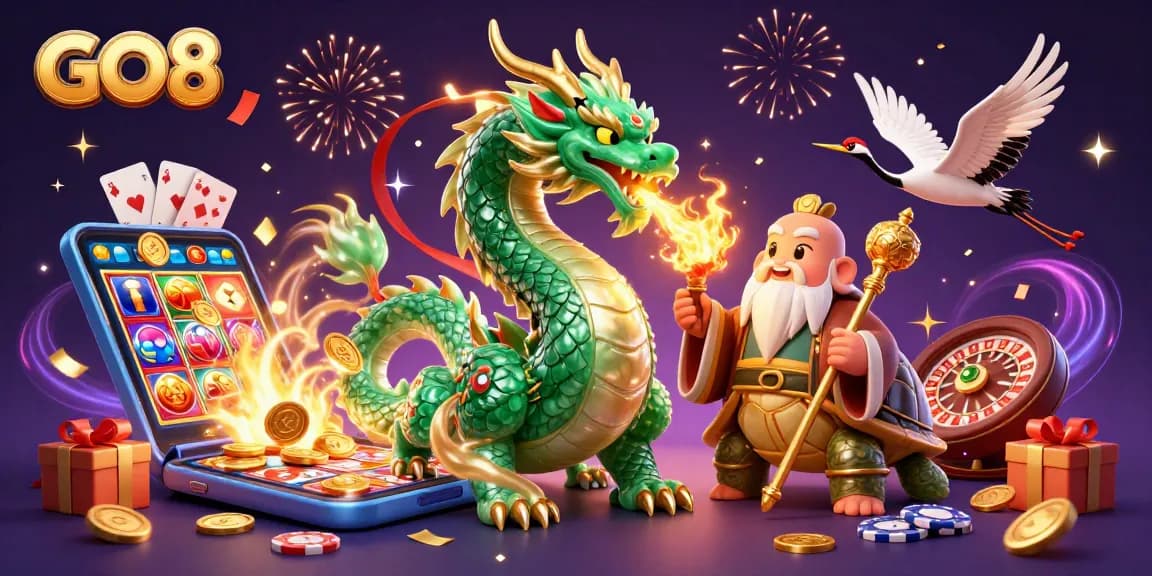 Experience GO8’s exciting gaming world with a mesmerizing dragon, vibrant slots, and festive atmosphere.