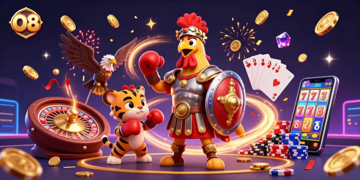 Experience thrilling action at O8 casino featuring a gladiator rooster, vibrant coins, and games all around.