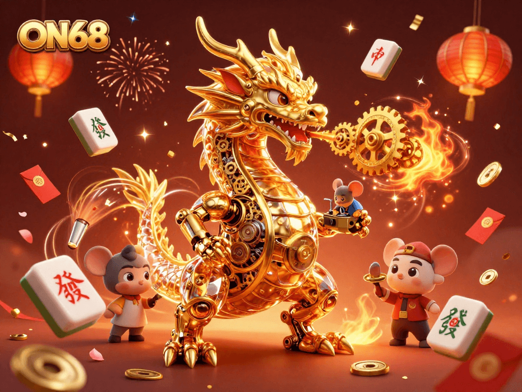 Join ON68 for thrilling casino adventures with a golden dragon amidst festive elements.