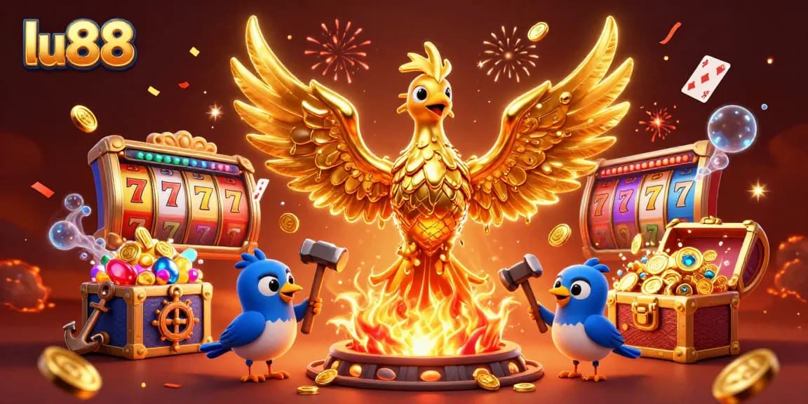 Spin and win with lu88's vibrant slots featuring a molten gold phoenix and dynamic casino elements.