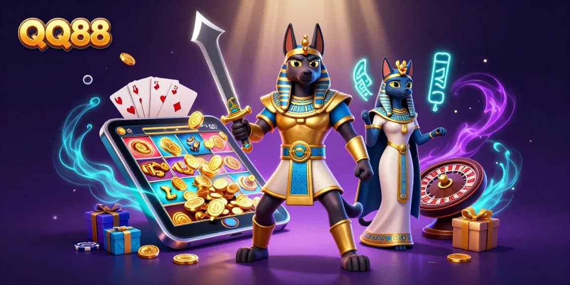 Experience the thrilling world of QQ88 with ancient Egyptian warriors, vibrant slots, and captivating game elements.