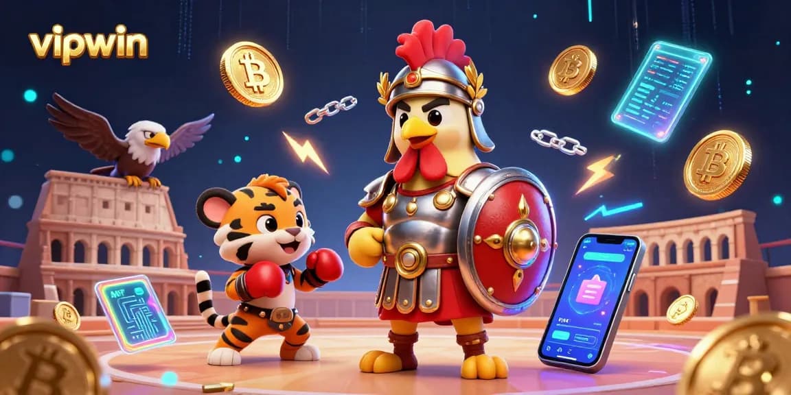 Experience thrilling action with vipwin's dynamic illustrations featuring gladiators and crypto elements.