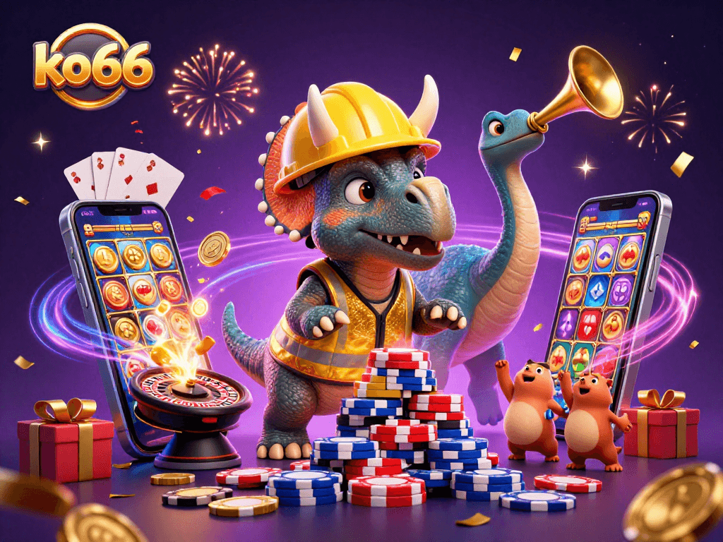 Engage in the excitement of ko66 with a vibrant 3D celebration of casino gaming elements.