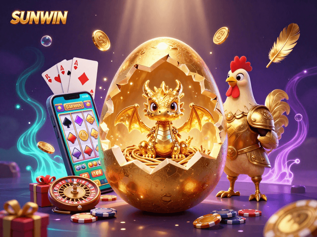 SUNWIN offers an exciting scene with a golden dragon and poker chips amidst colorful slot games and casino elements.
