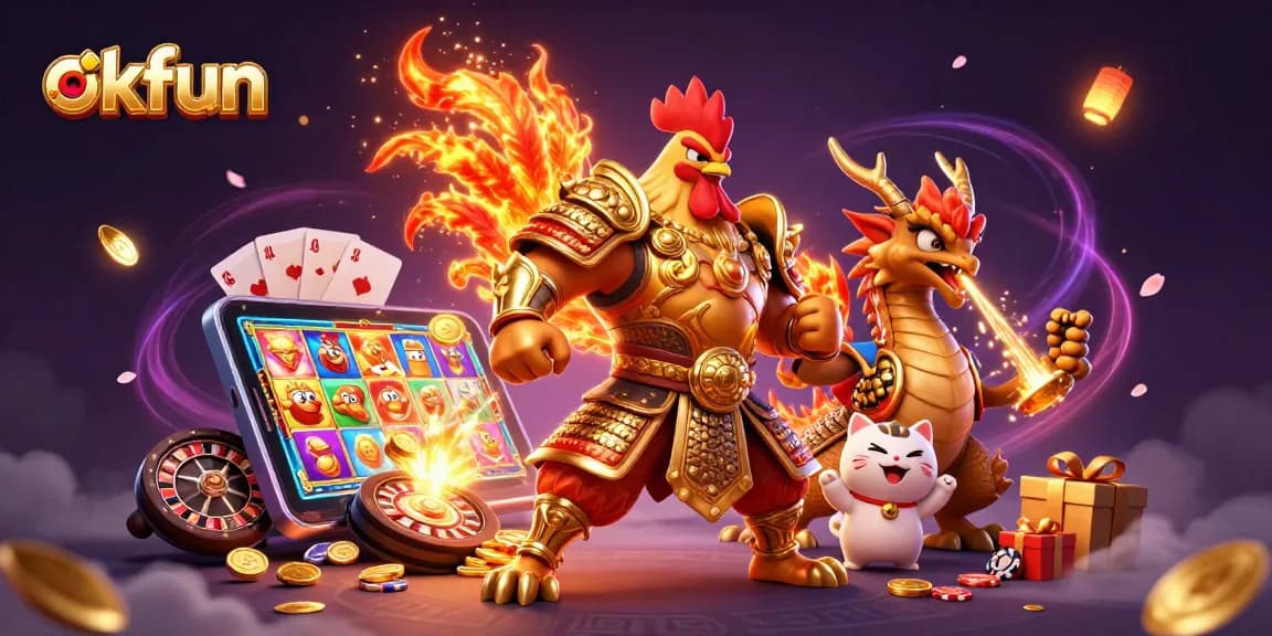 Engage with okfun in an exhilarating 3D casino scene filled with vibrant game elements and dynamic characters.