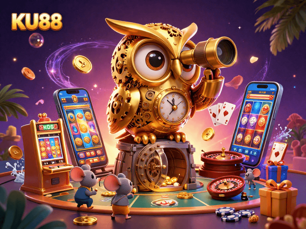 Experience the thrill of winning at KU88 with a vibrant 3D casino illustration showcasing dynamic game elements.