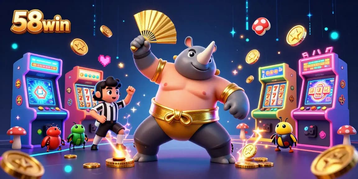 Experience the vibrant energy of 58win in this colorful 3D gaming illustration featuring the thrill of slots.