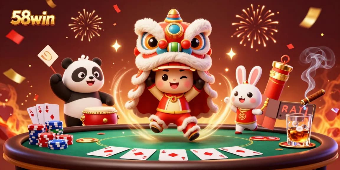 Experience the exciting 58win casino gaming scene with lively characters and poker elements.