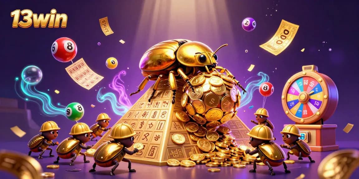 Experience the thrilling action of 13win with golden beetles and vibrant lottery elements in a dynamic casino scene.