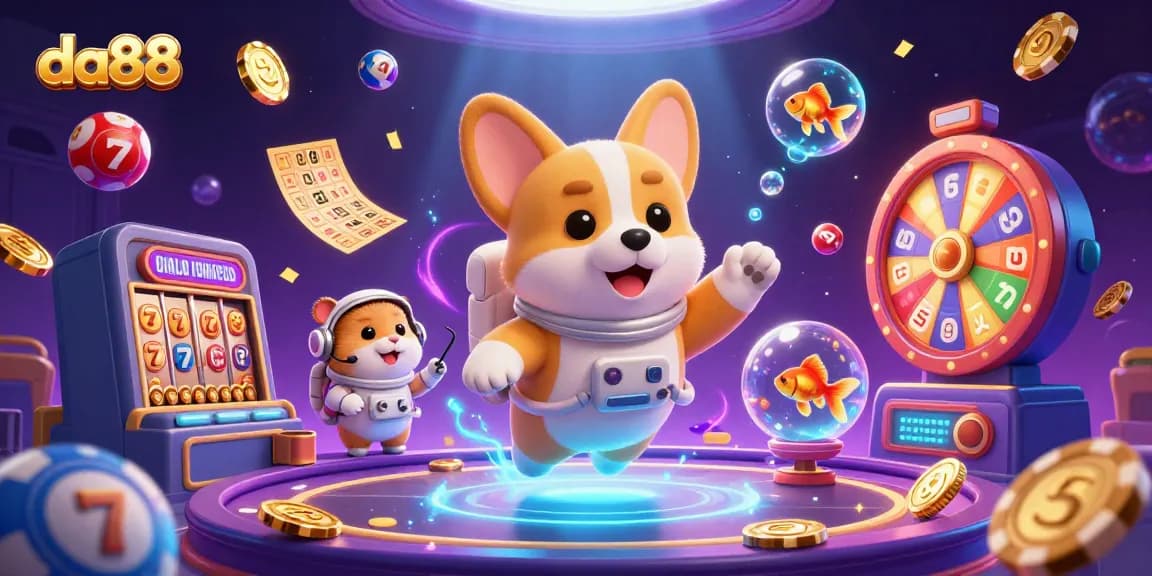 Engage with da88's immersive casino experience featuring a cartoon corgi in space.