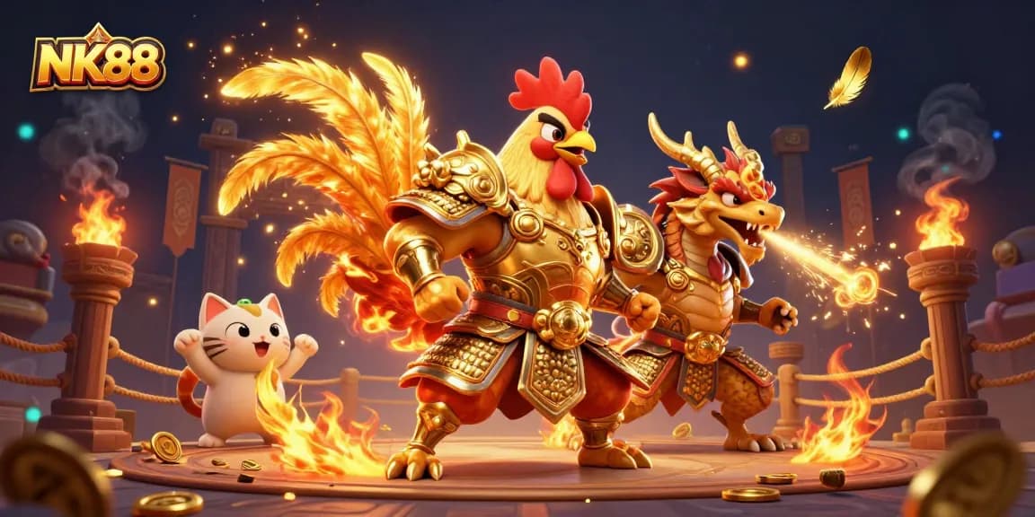 Engage with exciting games at NK88, featuring a warrior rooster in a vibrant 3D casino scene.