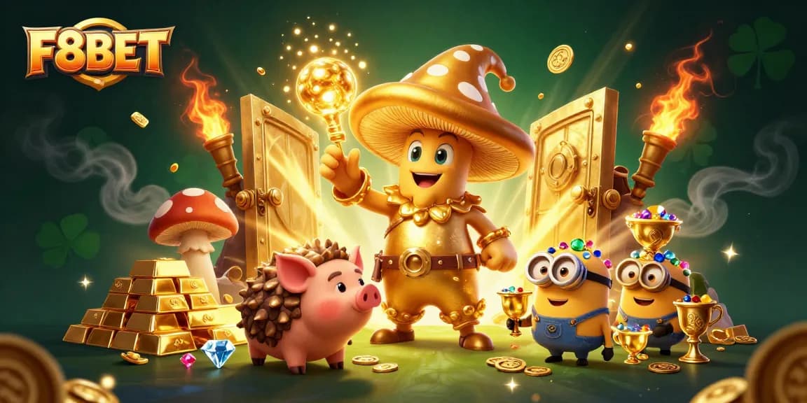Experience the magic of F8BET with a golden mushroom wizard and treasure-filled casino scene.