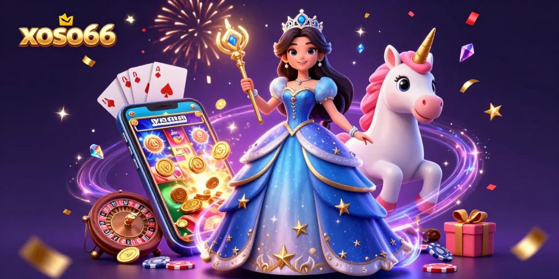 Experience the thrill of xoso66 with vibrant slot games and magical elements in this illustrative scene.