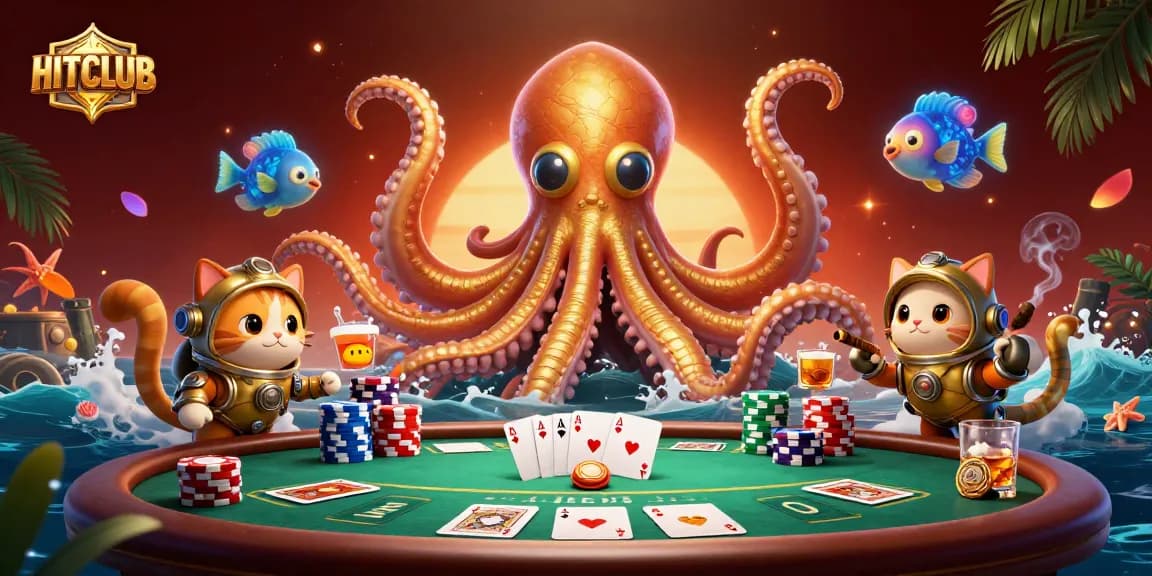 Experience HITCLUB's thrilling gaming adventure with vibrant casino characters and poker elements.