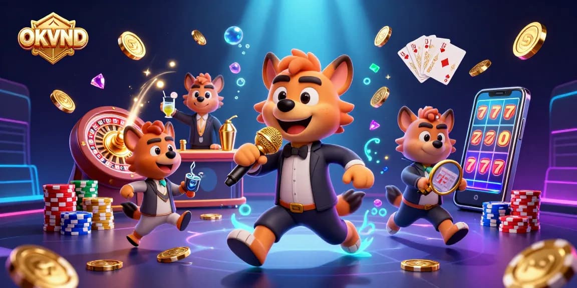 Experience the vibrant energy of OKVND in this animated casino scene, featuring hyenas and dynamic gambling elements.