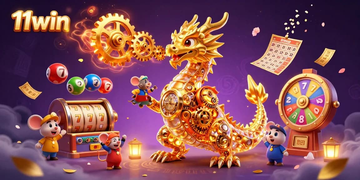 Experience 11win with a golden dragon and dynamic casino games in this vibrant 3D scene.