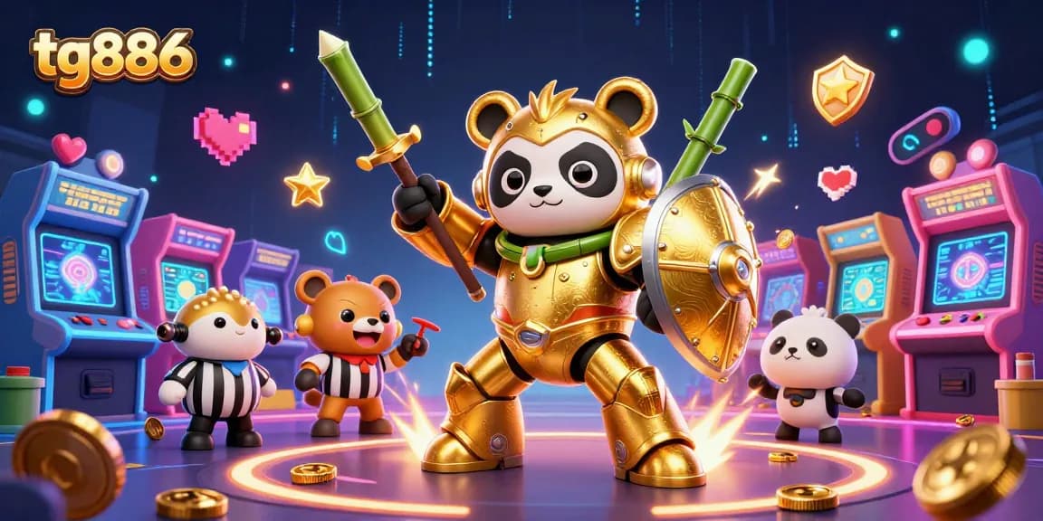 Engage in thrilling gaming action with tg886 featuring a mech-suit panda navigating an arcade casino arena.