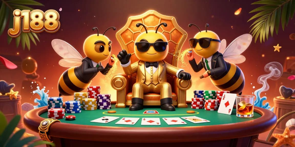 Experience the thrilling j188 casino action with a bumblebee mob boss, poker elements, and dynamic gaming atmosphere.
