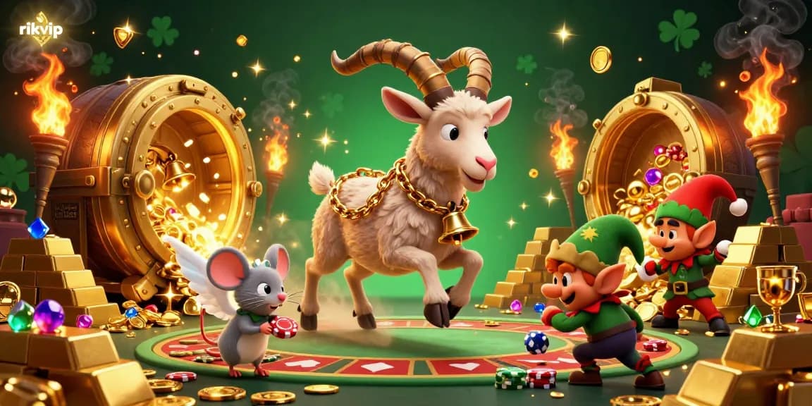 Experience the excitement of rikvip with playful characters and dazzling treasures in an immersive casino scene.