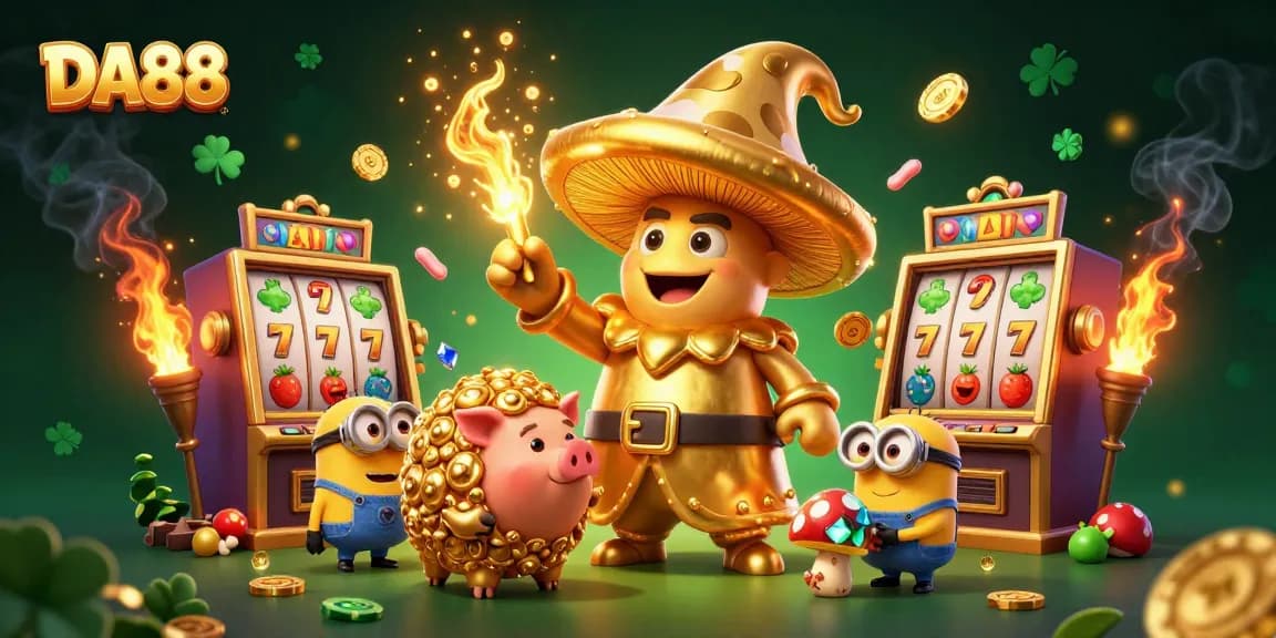 Players experience slot action with DA88, a wizard, and treasures in a vibrant casino scene.