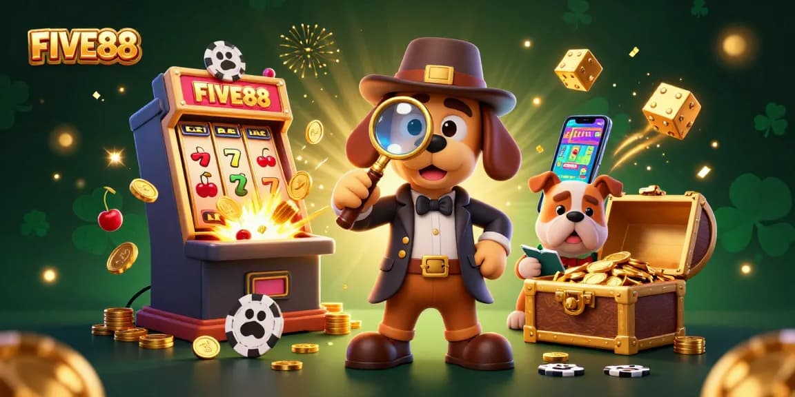 Experience the exciting world of FIVE88 with a vibrant casino scene featuring detectives and treasures.