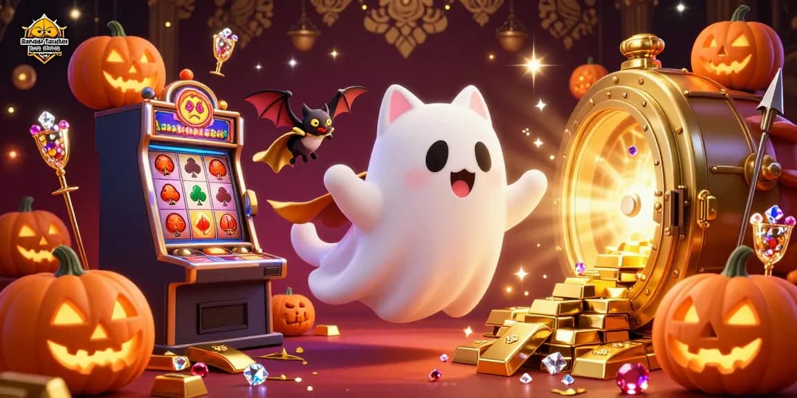 Experience the excitement of Bandar Taruhan Bola Online Dewagg with a vibrant casino scene featuring a ghost cat and treasures.