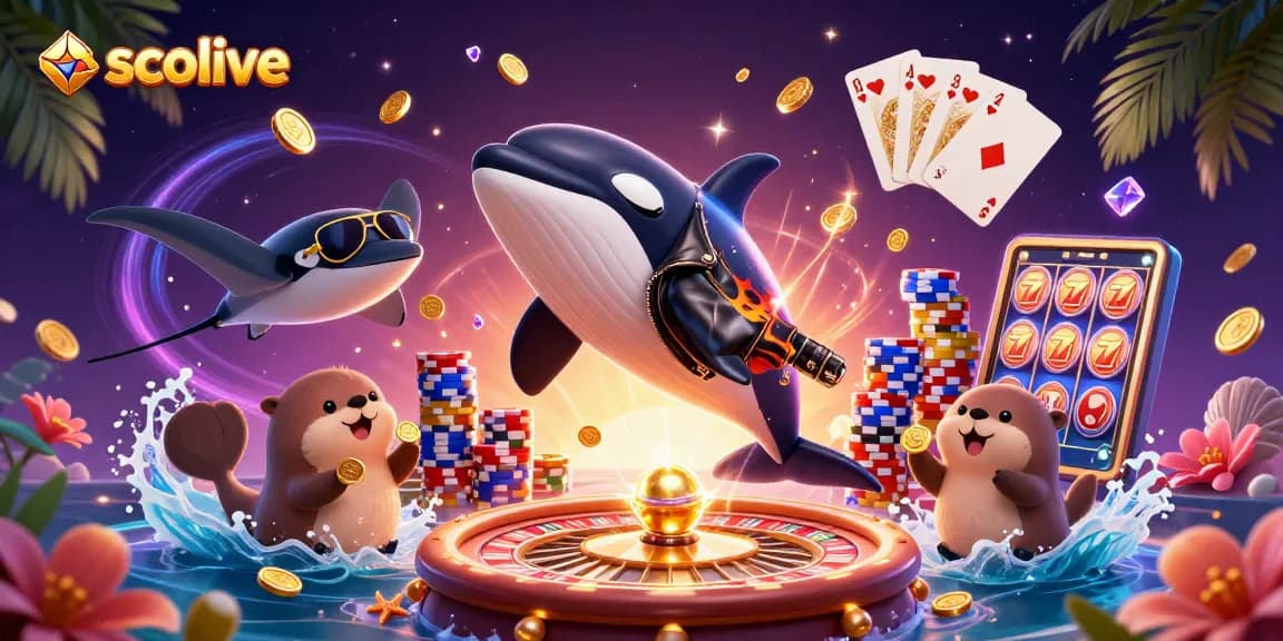 Socolive offers exhilarating gaming with vibrant illustrations featuring dynamic sea creatures and casino elements.