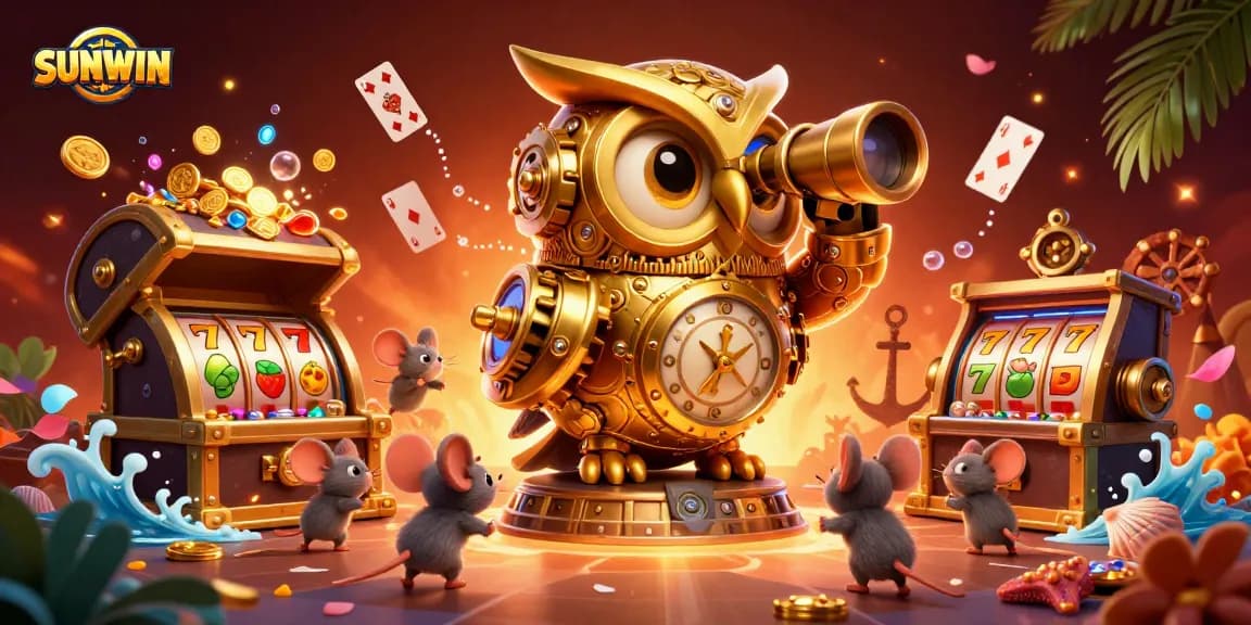 SUNWIN casino illustration showcasing a golden owl and mouse patrons amidst slot machines and treasure bursts.