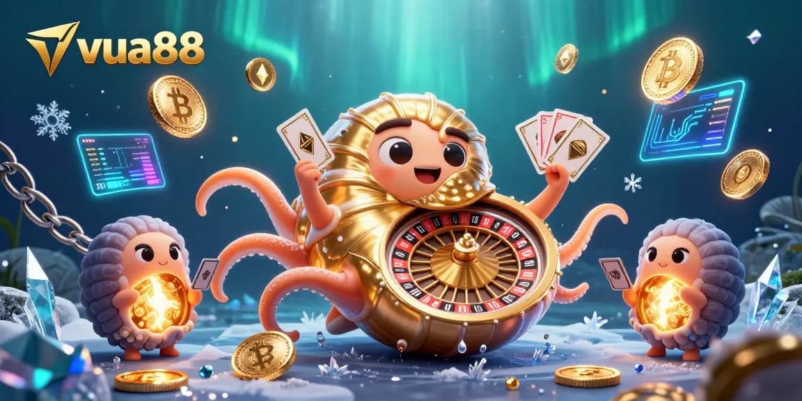 Play exciting games at vua88 with premium casino elements, including ancient nautilus and glowing crypto coins.