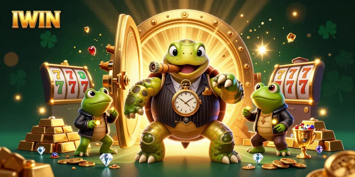 Play and win at IWIN with a vibrant casino-themed illustration featuring a snapping turtle in a vintage mobster suit.
