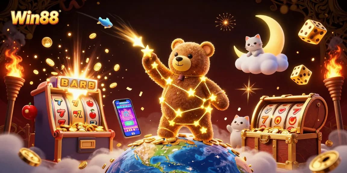 Win88 slots scene with a constellation bear, jackpot explosion, and colorful game elements.