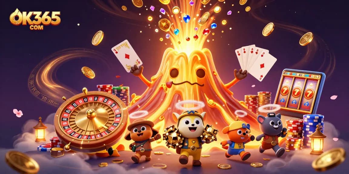 Win big with OK365 COM at this vibrant casino scene showcasing thrilling games and treasures.