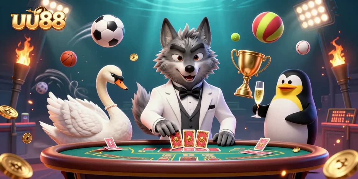 Experience the excitement of uu88 with a 3D casino illustration of a wolf, swan, and penguin in action.