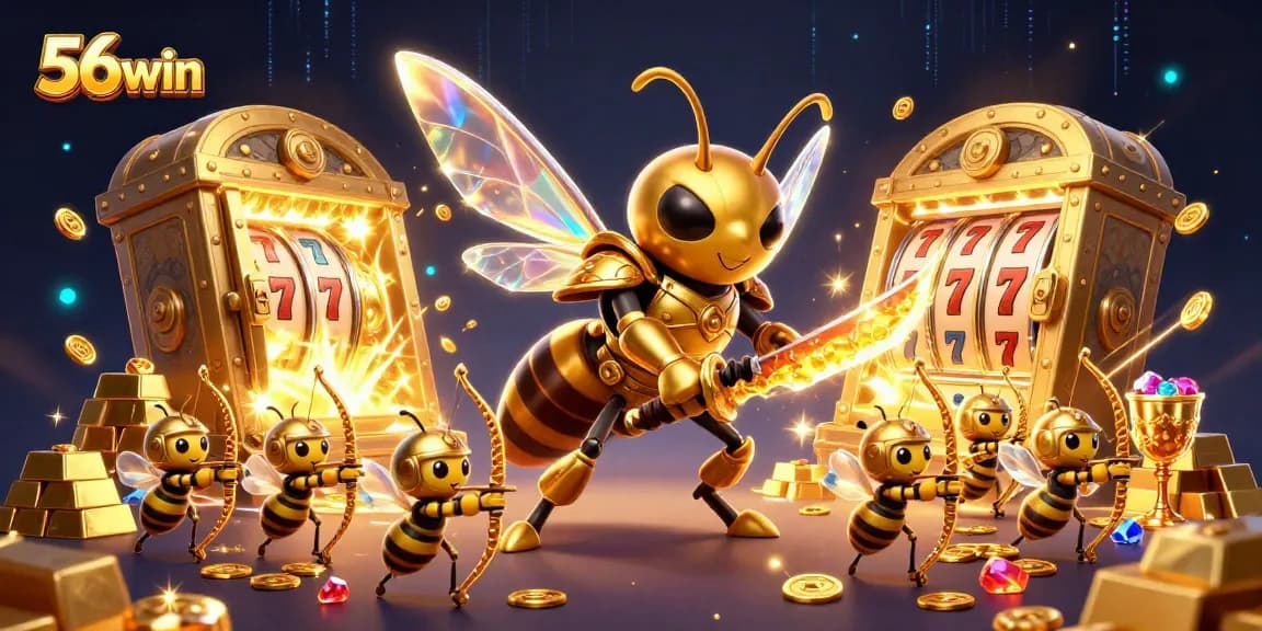 Engage with the dynamic 56win casino scene featuring gold treasure and lively gaming elements.