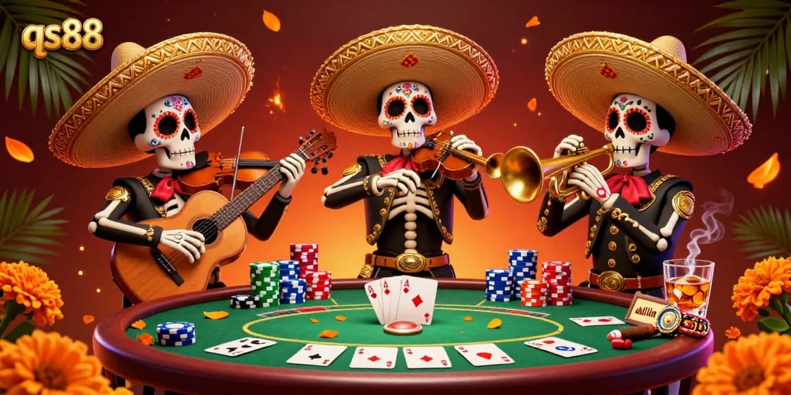 Experience the lively qs88 casino scene, featuring a vibrant mariachi band playing poker with colorful chips.