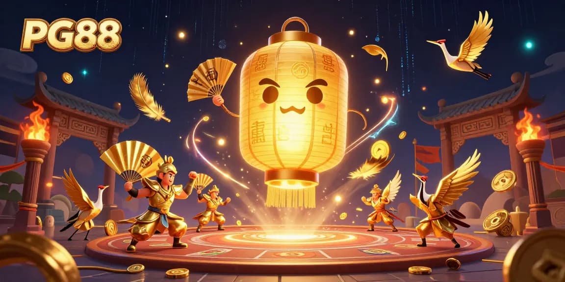 Experience the thrill of PG88 at a vibrant casino scene filled with golden lantern spirits, warriors, and festive elements.