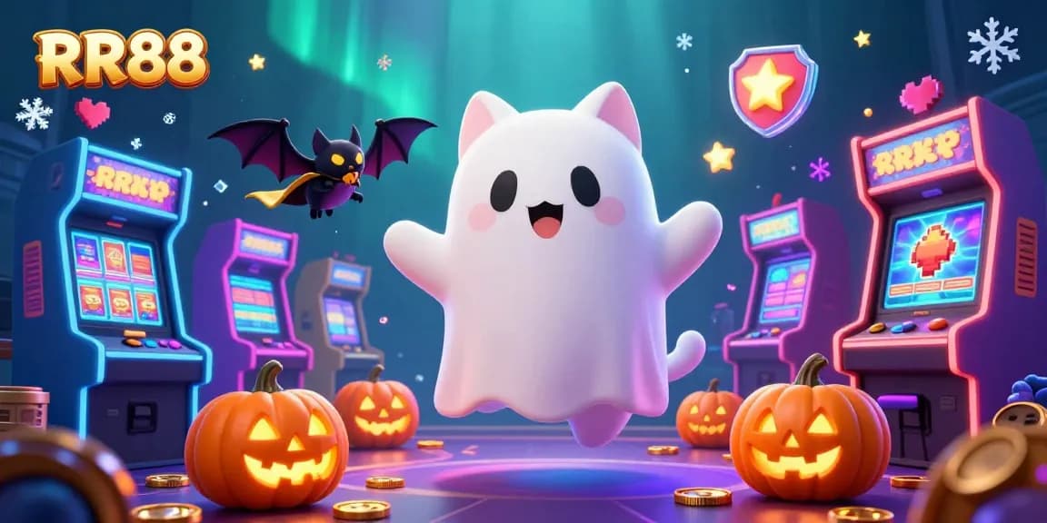 Engage in thrilling slots at RR88, featuring ghost cats and vibrant casino scenery.