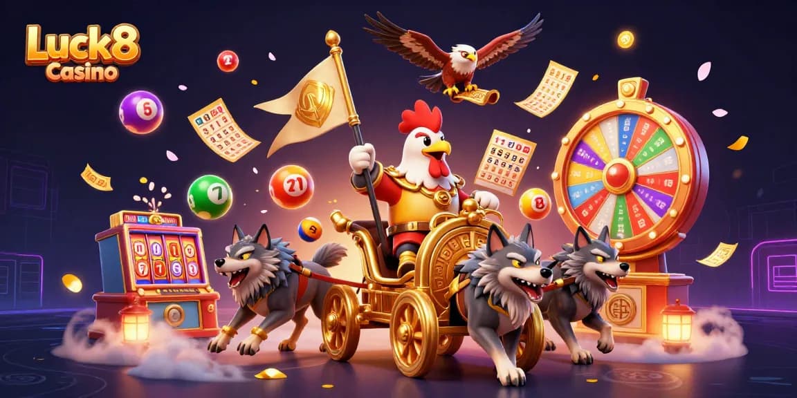 Luck8 Casino features a dynamic 3D casino scene with a rooster warlord, lottery elements, and vibrant game visuals.